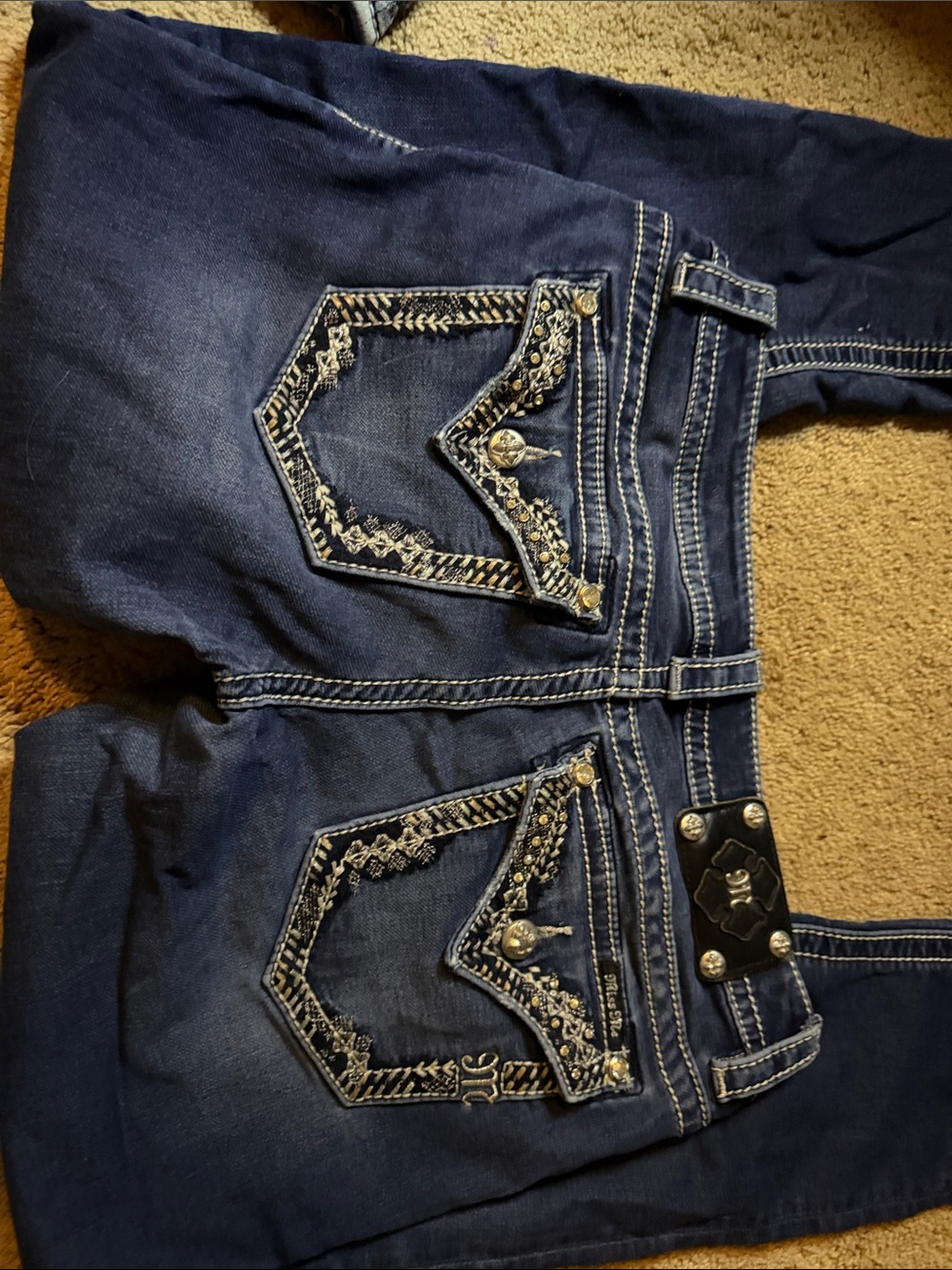 Miss Me Dark Blue Skinny Jeans with Embellished Back Pockets